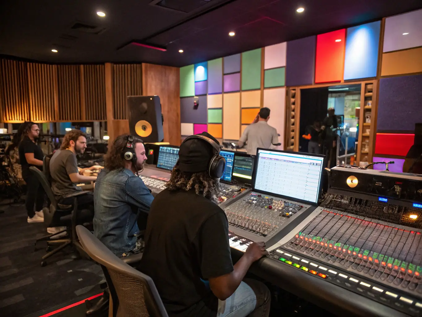 A vibrant recording studio scene with musicians collaborating on an album, showcasing the creative process and technical equipment involved.