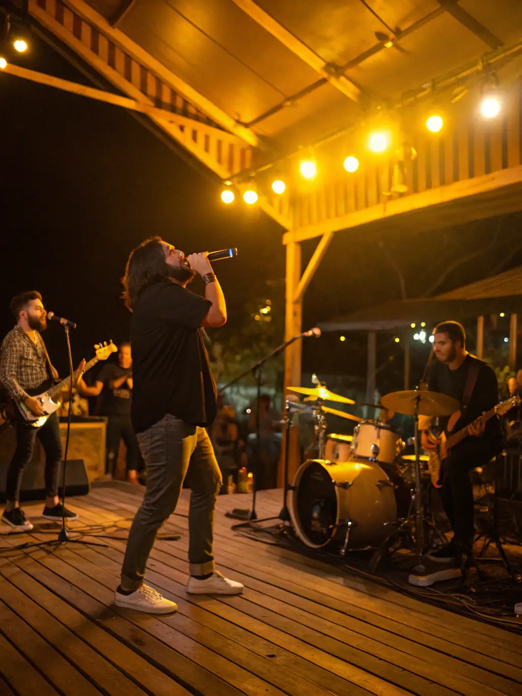 A vibrant image of a band performing live on stage at a concert organized by ASSOCIATION TETES EN L'R.