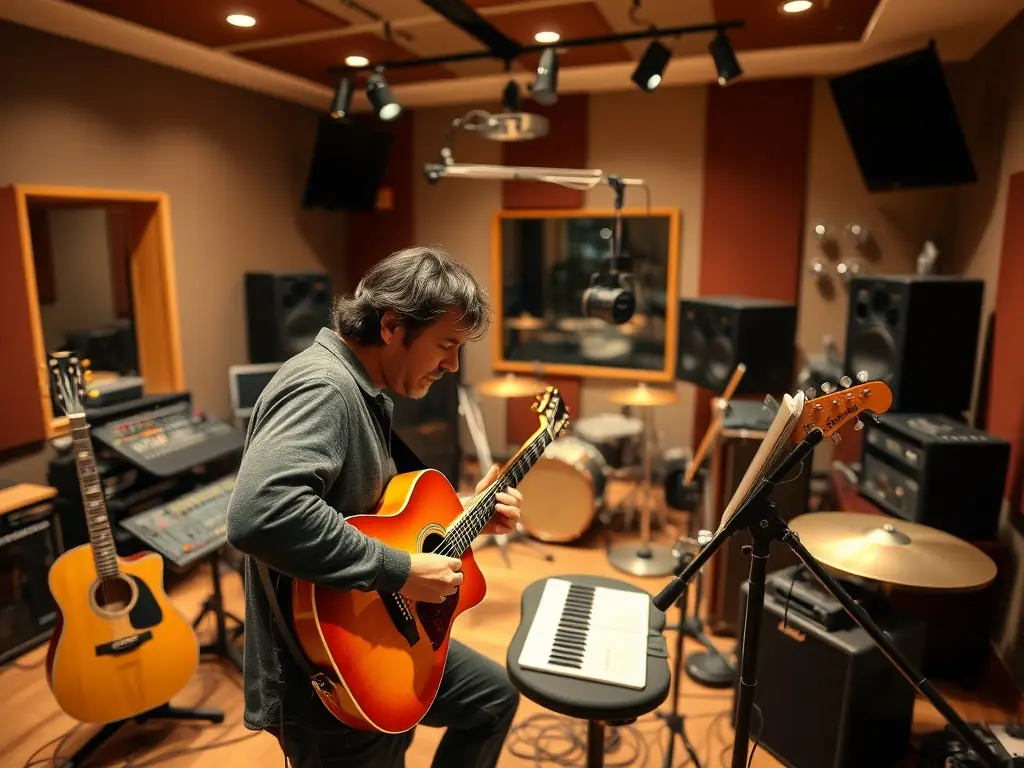 A musician in a recording studio, working on their album with the support of ASSOCIATION TETES EN L'R, showcasing the organization's commitment to helping artists produce high-quality recordings.