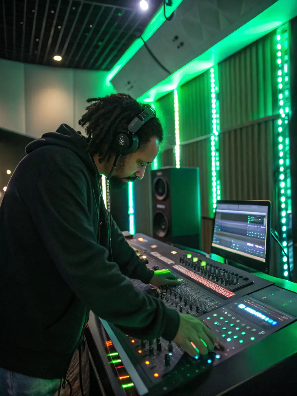 A photo of a musician in a recording studio, working on their album with the support of ASSOCIATION TETES EN L'R staff.