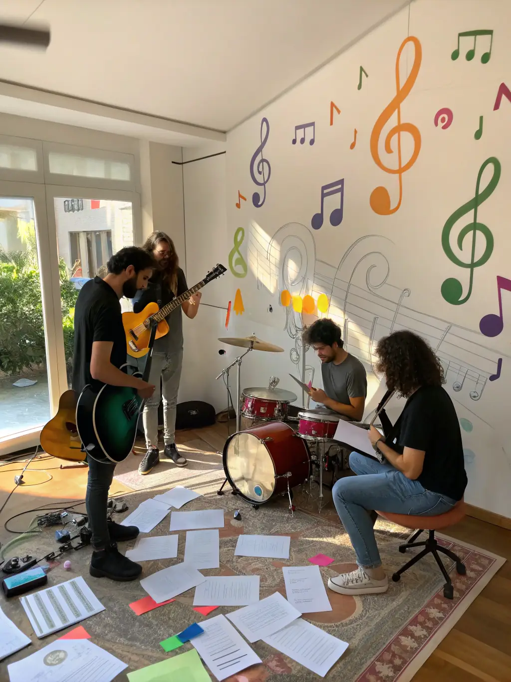 A diverse group of musicians collaborating in a workshop setting, facilitated by ASSOCIATION TETES EN L'R.