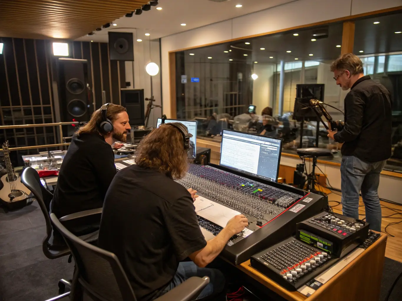 A vibrant image of musicians collaborating in a recording studio, showcasing the creative process and the support provided by ASSOCIATION TETES EN L'R.
