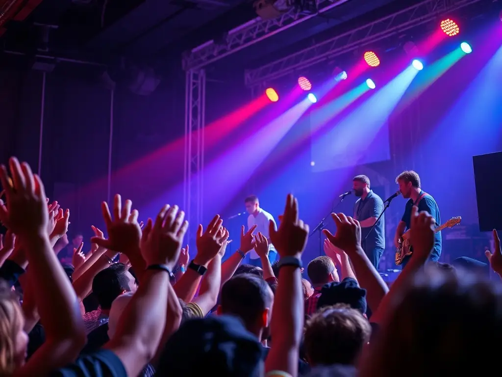 A dynamic stage scene with musicians performing live in front of an enthusiastic audience, capturing the energy and excitement of a live concert.