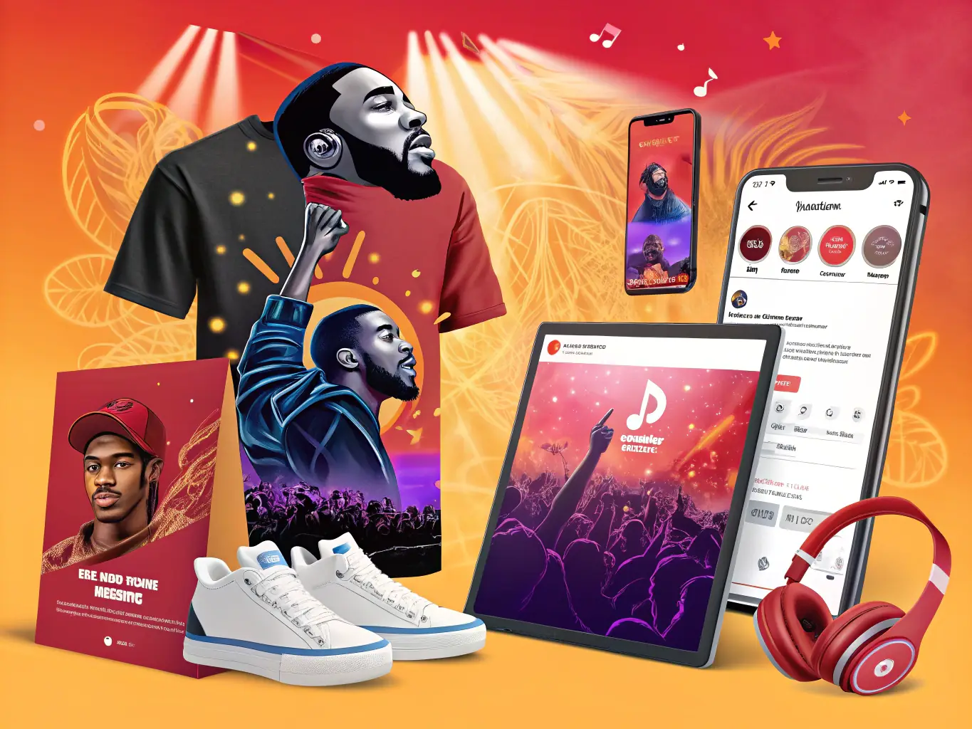 A creative image of promotional materials designed for an artist by ASSOCIATION TETES EN L'R, highlighting the organization's support in artistic promotion.